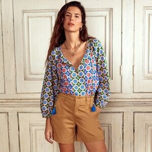 Boden Blouson Sleeve Raglan Bloom Multi Colour Geo Print Top Size Small